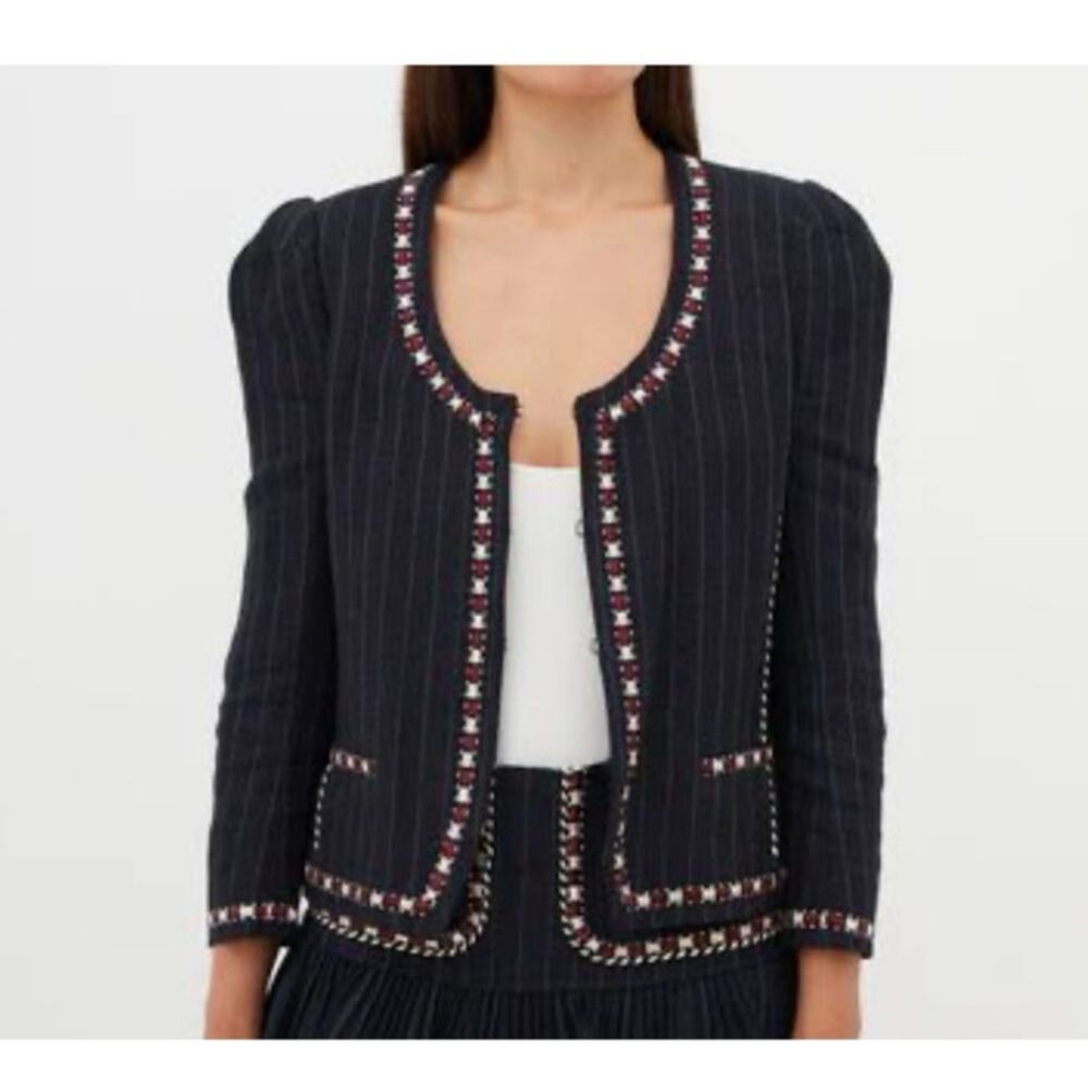 Isabel Marant Étoile Navy Pinstripe Embroidered Jilo Blazer Jacket Linen Size S